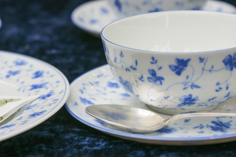 silver cutlery, service, indoors, grandma, still life, table, blue, food and drink, gedeckter table, porcelain, flowers, spoon, floral pattern, no people
