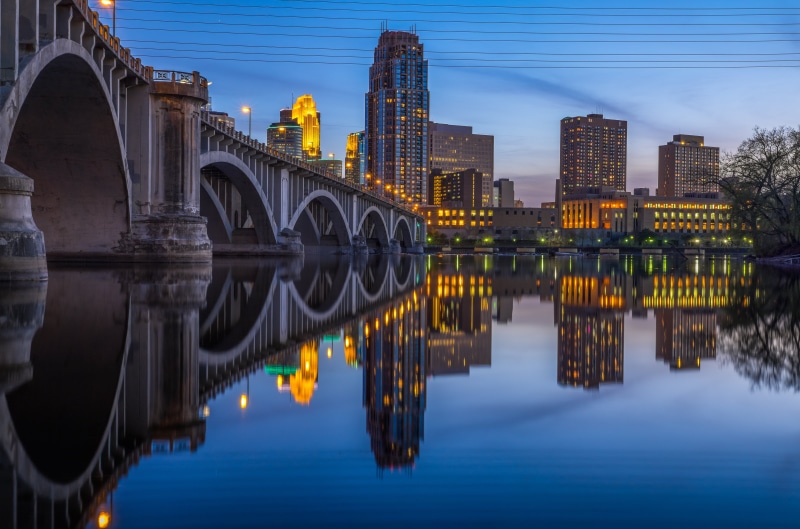 reflections, body, mississippi river, architecture, sunset, scenery, minneapolis, night, water, dusk, cityscape, skyline, blue hour, river, famous Place