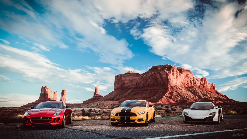 sky, Ford, Jaguar F-Type, Gran Turismo Sport, road, Utah, Jaguar, Gran Turismo, PlayStation, asphalt, Ford Mustang, 4K, desert, Top Gear, McLaren, race