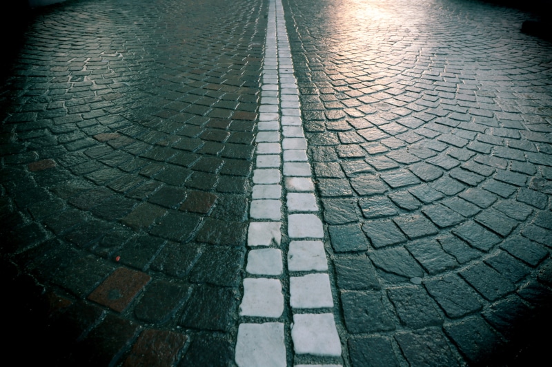 footpath, cobblestone, Wet, paving stone, stone floor, background, granite, traffic, vignette, stone, shine, high angle view, city, urban Scene, outdoors