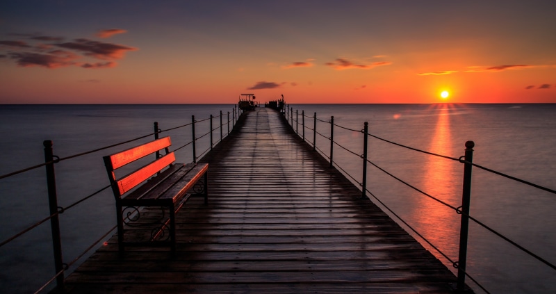 sunset, sky, wood - material, scenics - nature, orange color, direction, tranquility, cloud - sky, railing, nature, the way forward, outdoors, horizon over water