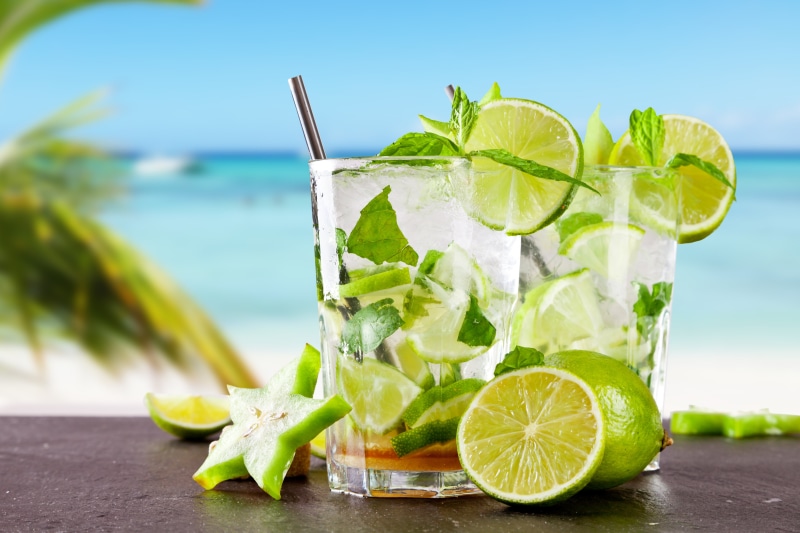 tropical, fresh, lime, lemon, alcohol, Mojito, sea, glass, rum, summer, clear, citrus Fruit, water, drink, soda, freshness, food and drink, cold - Temperature