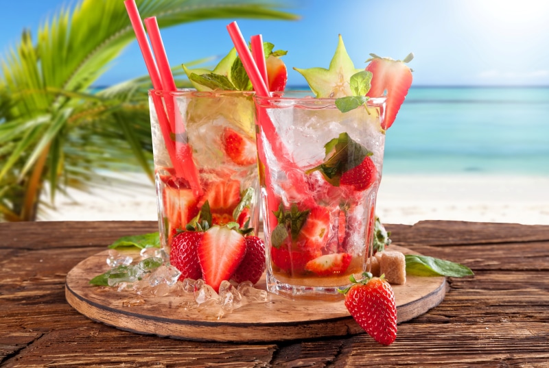 food and drink, juice, refreshment, household equipment, mint leaf - culinary, 5K, Mojito, strawberry, fresh, healthy eating, summer, freshness, sea, paradise