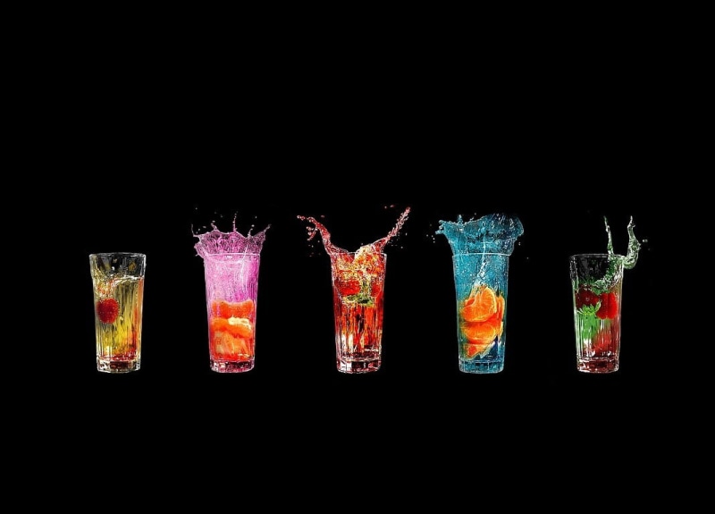 copy space, liquid, container, healthy eating, art and craft, fruit, cocktails, water drops, creativity, still life, floral pattern, beverages, side by side