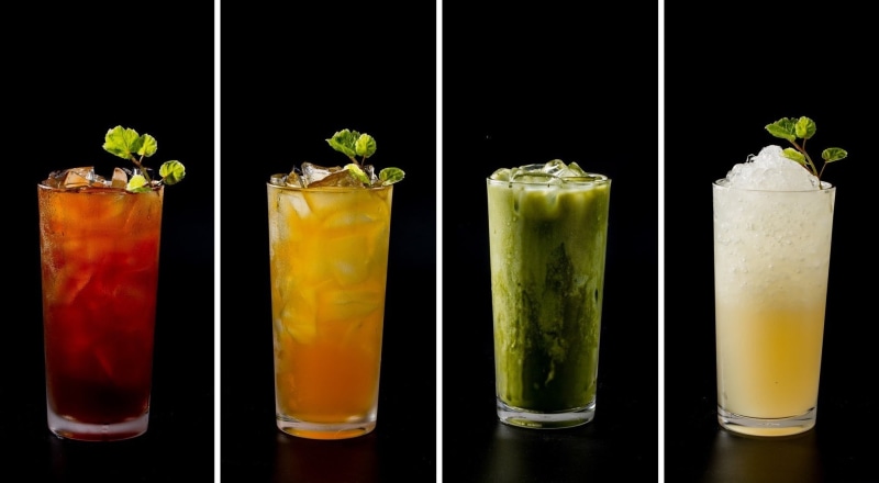 food, collage, drinking glass, drink, no people, black background, cocktail, freshness, plant, leaf, refreshment, food and drink, herb, side by side, studio shot