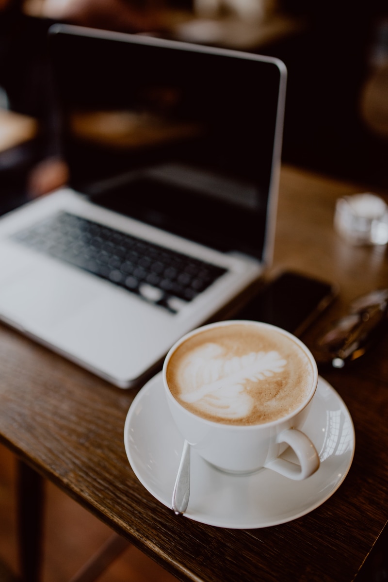 frothy drink, mug, working, still life, food and drink, coffee, drink, no people, connection, computer, cappucino, laptop, coffee cup, hot drink, indoors