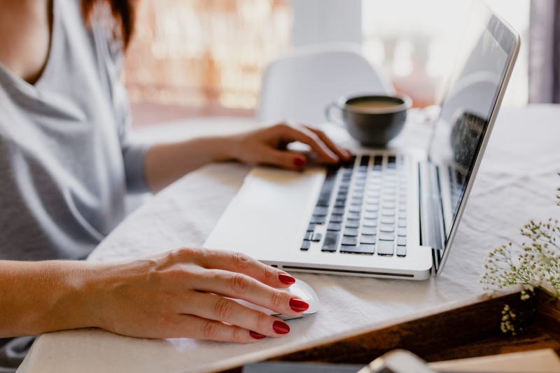 macbook, cup, desk, women, cappucino, workspace, connection, hand, laptop, study, working, table, home office, computer network, coffee, woman, one person