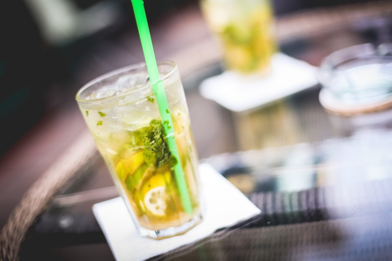 glass - Material, household equipment, fruit, cocktail, cold temperature, food And Drink, Mojito, table, nightclub, glass, cafe, freshness, bar Counter