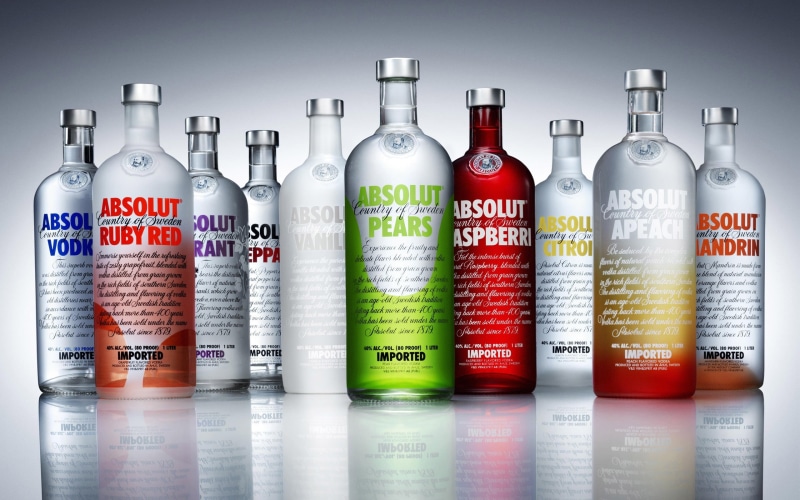 in a row, food and drink, colored background, bottles, no people, Absolut, studio shot, drink, text, western script, abundance, 2K, large group of objects