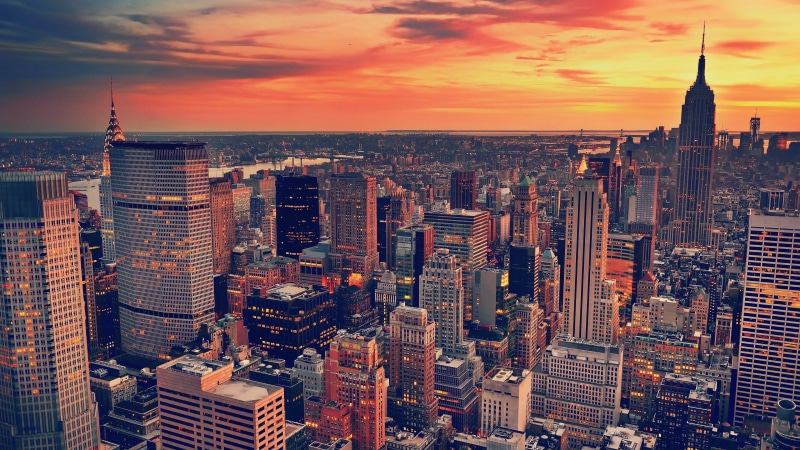 sunset, sky, usa, united states, new york city, skyscrapers, 4K