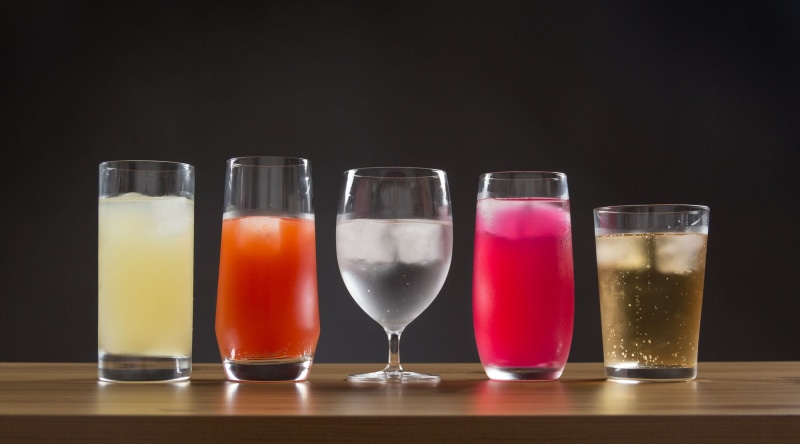 liquid, schott zwiesel, Glasses, Drinking, Five, fruit, drinking Glass, freshness, table, liquids, top, glass, 1080P, cocktail, drink, on top, color  photography