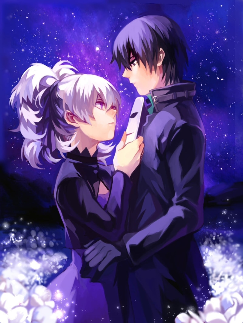 hairstyle, Yin, waist up, celebration, Darker than Black, cold temperature, lifestyles, young adult, flower, beautiful woman, illuminated, purple, one person