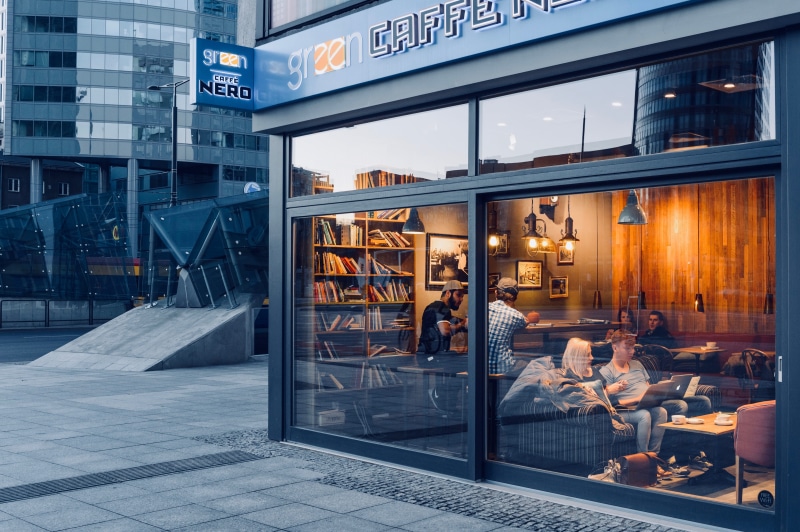 architecture, inside, 4K, caffe, group, facade, green, people, illuminated, daytime, society, luxury, building, glass - material, person, business, retail