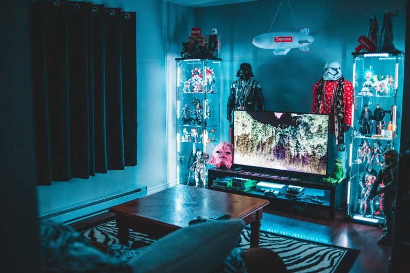 interior design, person, one person, figures, curtain, turned, room, bedroom, star, electronics, monitor, furniture, human, flooring, luxury, surrounded