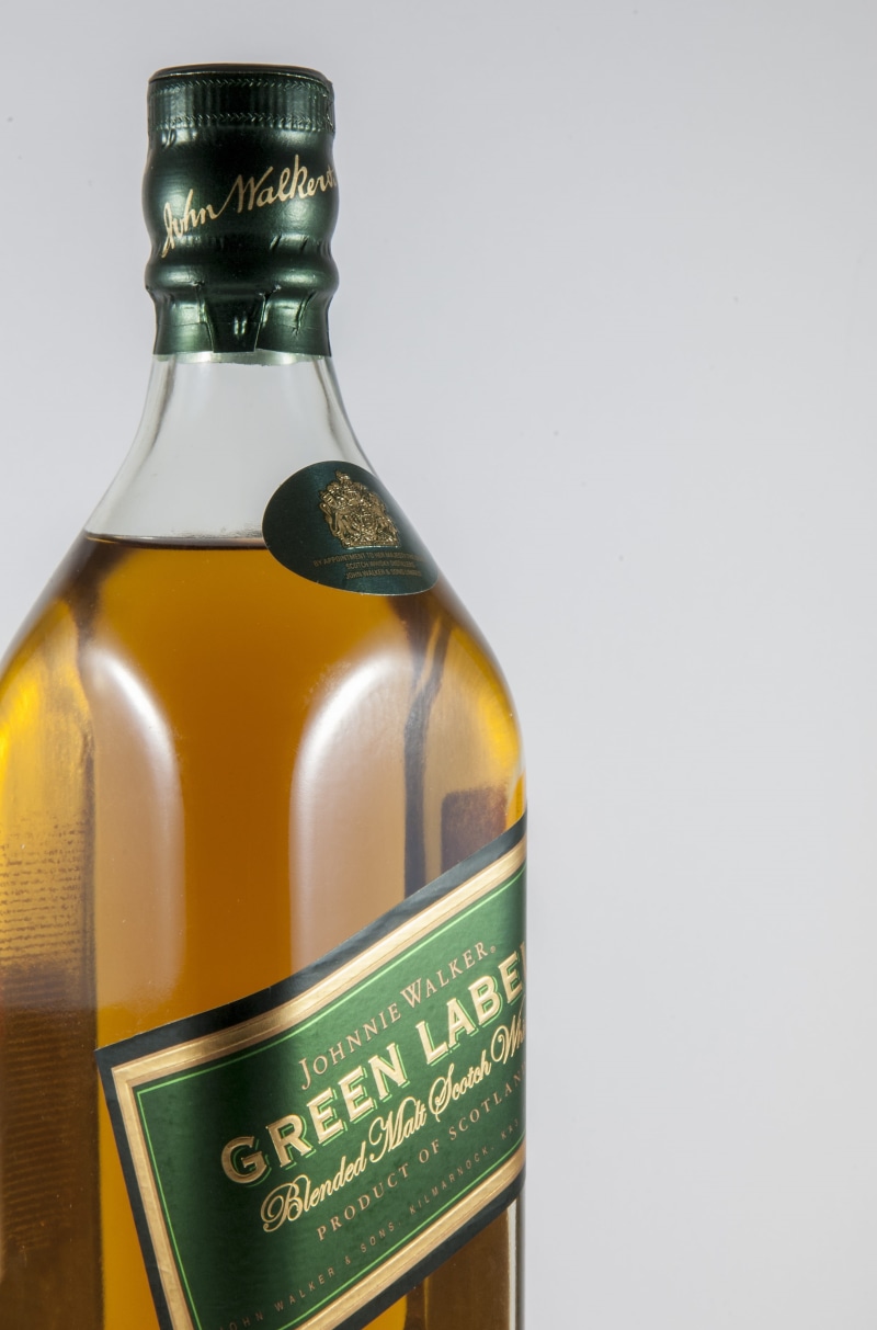alcoholic, scottish, bottle, walker, glass, barrel, scotland, table, text, green, label, alcohol, brandy, close-up, whisky, container, drink, bourbon, wooden