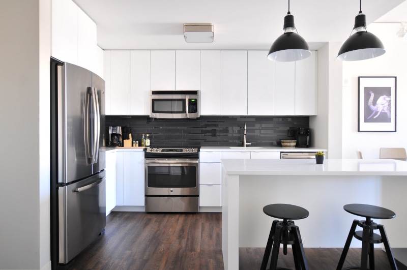 indoor, fridge, furniture, black, white, domestic kitchen, decor, cooker, luxury, no people, lifestyle, artwork, door, interior, kitchen, refrigerator
