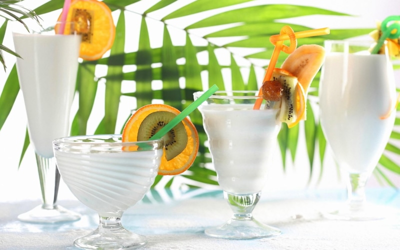 pictures, slices, orange, banana, leaves, glasses, cocktails, 1080P, drinks, shakes, kiwi, fruit