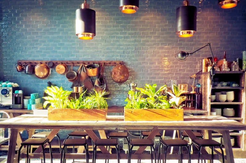 furniture, chairs, modern, electric lamp, pots, bar - drink establishment, cook, lifestyle, kitchen, chair, cafe, design, absence, pans, setting, eat, interior design