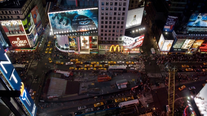 night, retail, building, mcdonald, nightlife, New York City, city life, building exterior, store, city, skyscraper, high angle view, Times Square, text