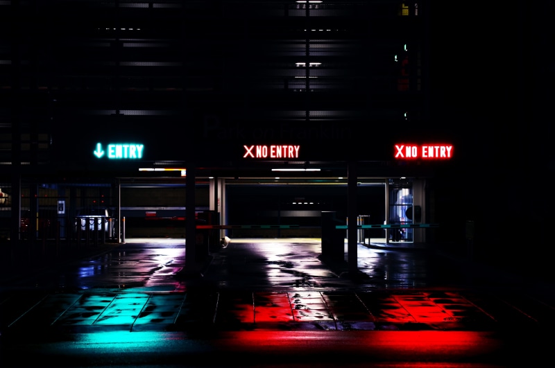 lowlight, type, in, blue, neon, parking garage, capital letter, parking, light, exit, reflection, western script, out, colour, 5K, exit sign, guidance