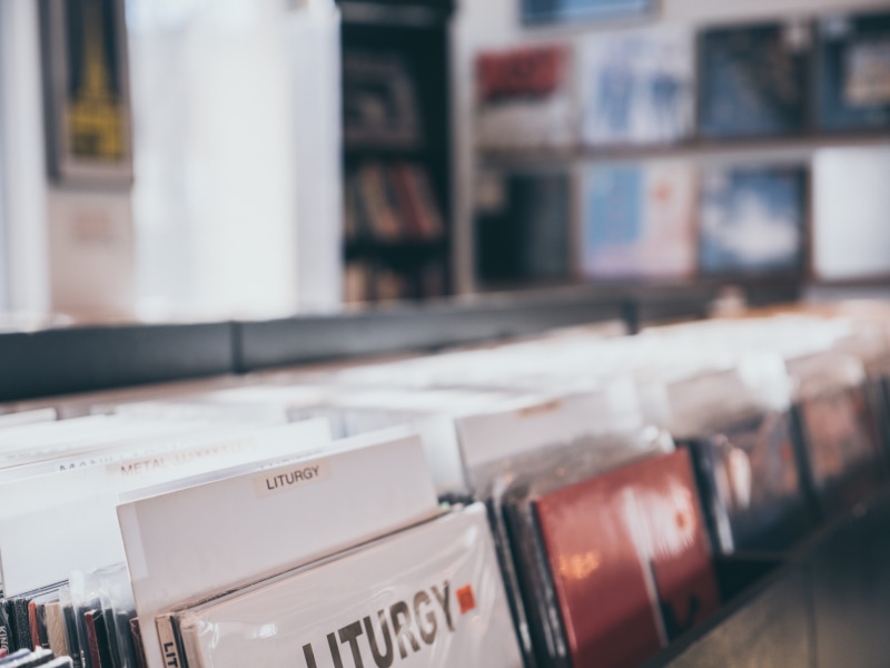 shopping, close-up, retro, shelf, record store, indoors, audio, building, shelves, light, in a row, vintage, store, selective focus, text, band, 5K, school