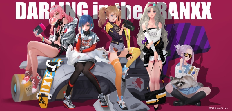 studio shot, Darling in the FranXX, mid adult men, people, Zero Two (Darling in the FranXX), toy, anime girls, group of people, human representation, young women