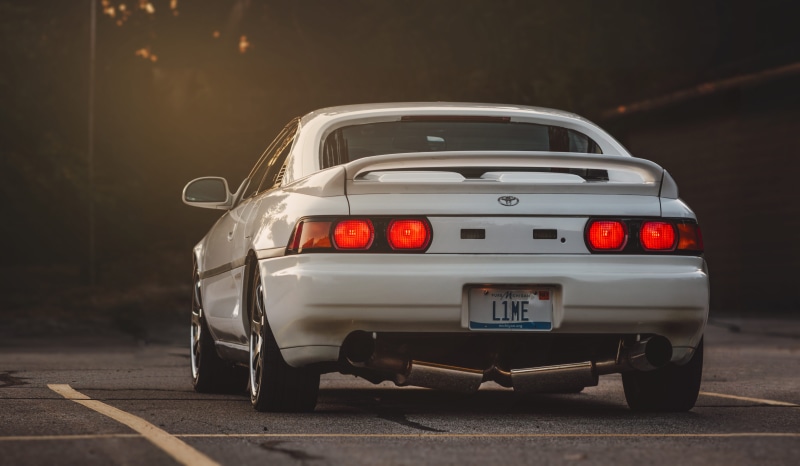 toy, stationary, rice rocket, white, architecture, mr2, taillight, grand rapids, exhaust, car, night, toyota, mode of transportation, automobile, transportation