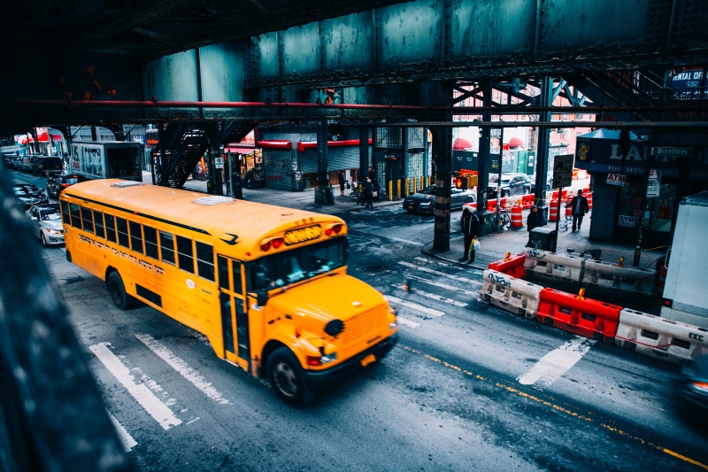 asphalt, school bus, car, tarmac, bus stop, building, 5K, machinery, automobile, school, public transportation, mode of transportation, built structure