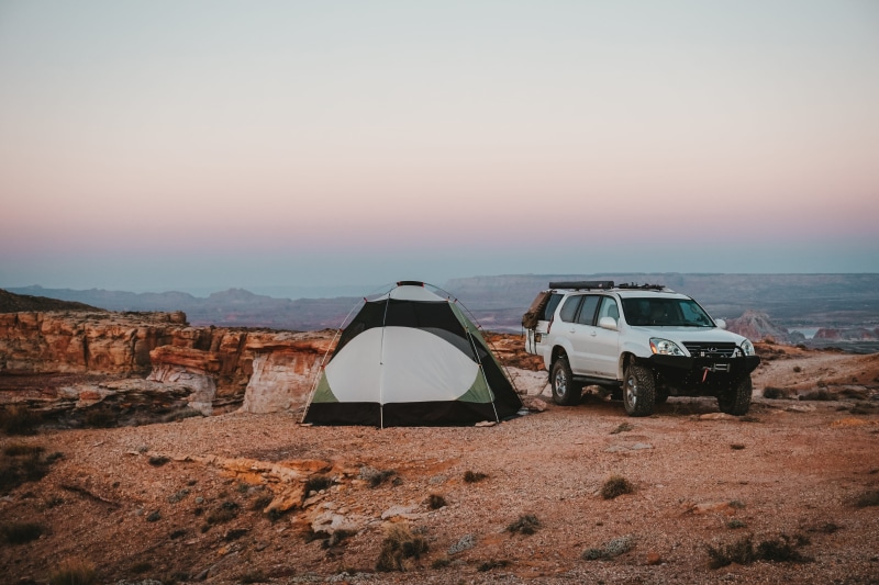 desert, motor vehicle, road, automobile, tranquil scene, tranquility, ground, camping, sunset, tent, arid climate, climate, travel, white, utah, sunrise