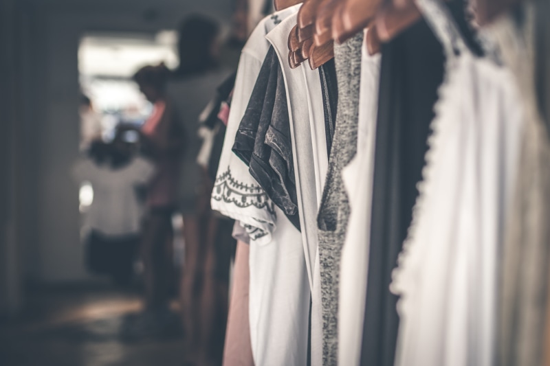 colors, woman, female, white, blurred background, men, 5K, close-up, indoors, row, outfit, consumerism, adult, selective focus, floral, hanging, dress
