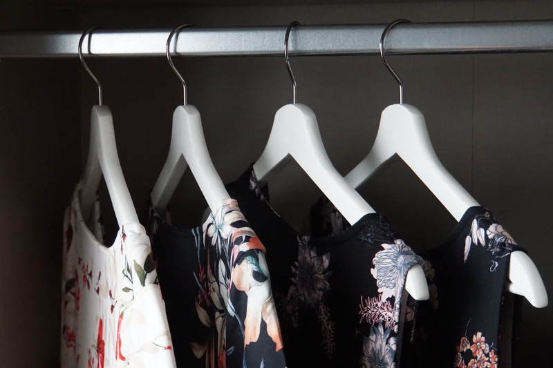 clothes rack, longing for summer, fabric, dress, coathanger, geblümt, consumerism, shopping queen, mannequin, retail, no people, depend, side by side, hanging