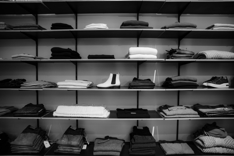 shelves, stock, retail display, large group of objects, arrangement, indoors, market, apparels, boutique, choice, clothing rack, commerce, menswear, rack