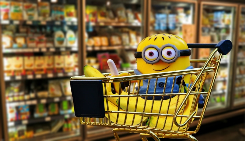 no people, minion, eat, choice, cart, nutrition, groceries, multi colored, store, gold, bless you, food and drink, shopping Cart, animal representation