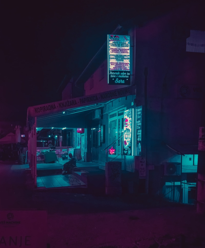 advertisement, street, dark, neon, facade, paper, sign, light, night, western script, building, information, glass - material, nightlife, outdoors, pub