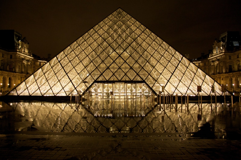 outdoors, architecture, shape, city, night, history, nature, the past, sky, building, Louvre, water, building exterior, Paris, reflection, no people, 5K