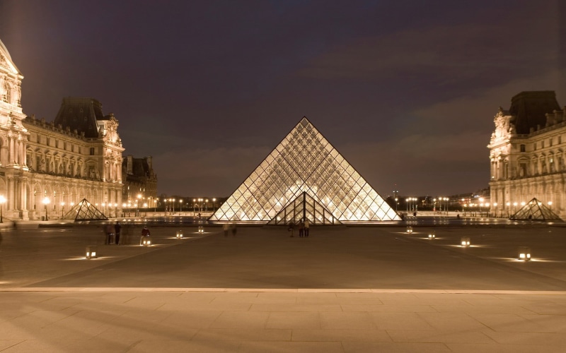 Louvre, sky, architecture, night, tourism, nature, no people, 1080P, travel destinations, cloud - sky, city, Paris, town square, illuminated, long exposure