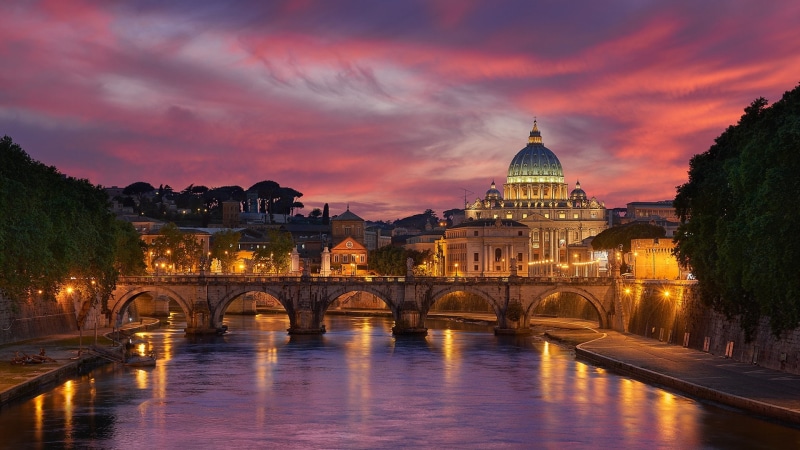 1080P, river, basilica, basilica san pietro, tiber river, pink sky, rome, bridge, evening, sunset, ponte st angelo, italy, st angelo bridge, landmark