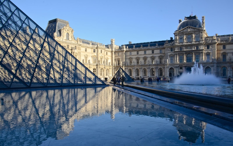 building, pyramid, fountain, museum, 1080P, louvre, hd, architecture, paris, reflection, the
