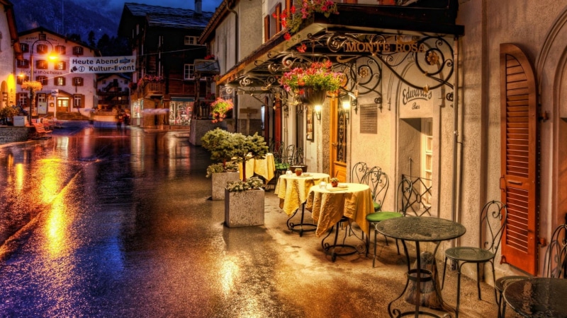 zermatt, town, 1080P, evening, restaurant, street, alley, hotel, bar, romantic, switzerland, reflection, window, lighting, night