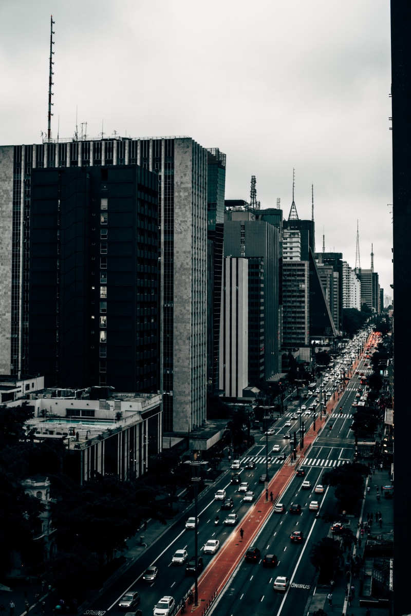 sky, no people, brazil, asphalt, city, cars, black-and-white, financial district, tall - high, residential district, street, beside, cityscape, avenida paulista