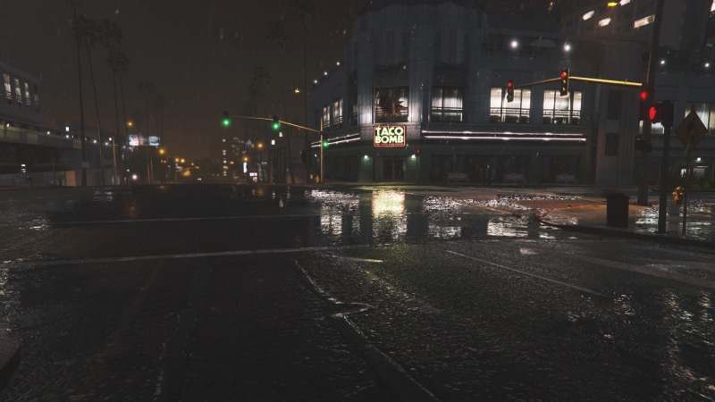 road, transportation, street light, empty, outdoors, mode of transportation, painted, water, building, no people, Grand Theft Auto V, building exterior