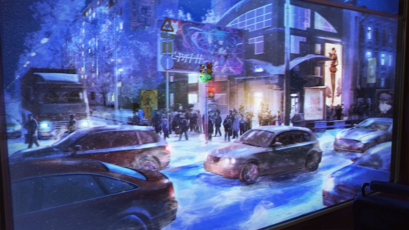snow, motion, city life, building, beside, cars, blurred motion, car, painting, Everlasting Summer, illuminated, city, motor vehicle, group, 1080P, digital composite