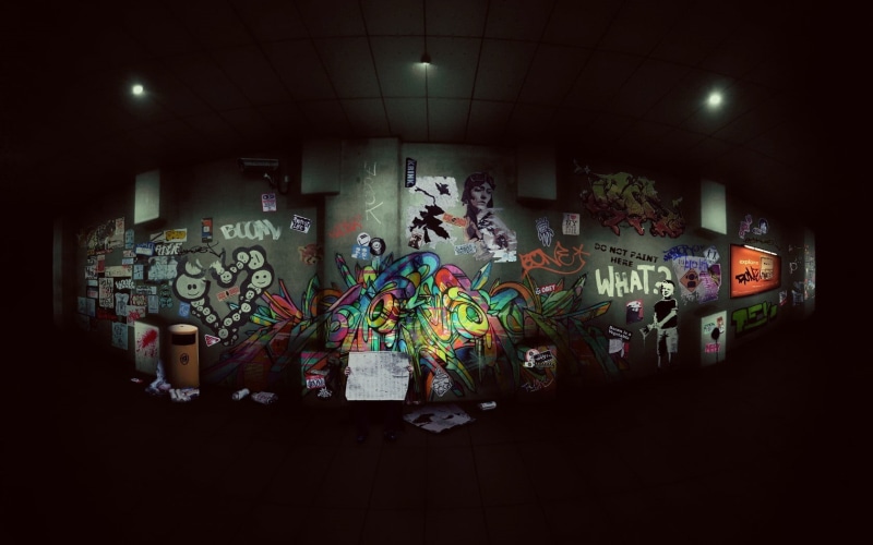 graffiti, men, human representation, built structure, wall, illuminated, lighting equipment, wall - building feature, multi colored, full length, indoors