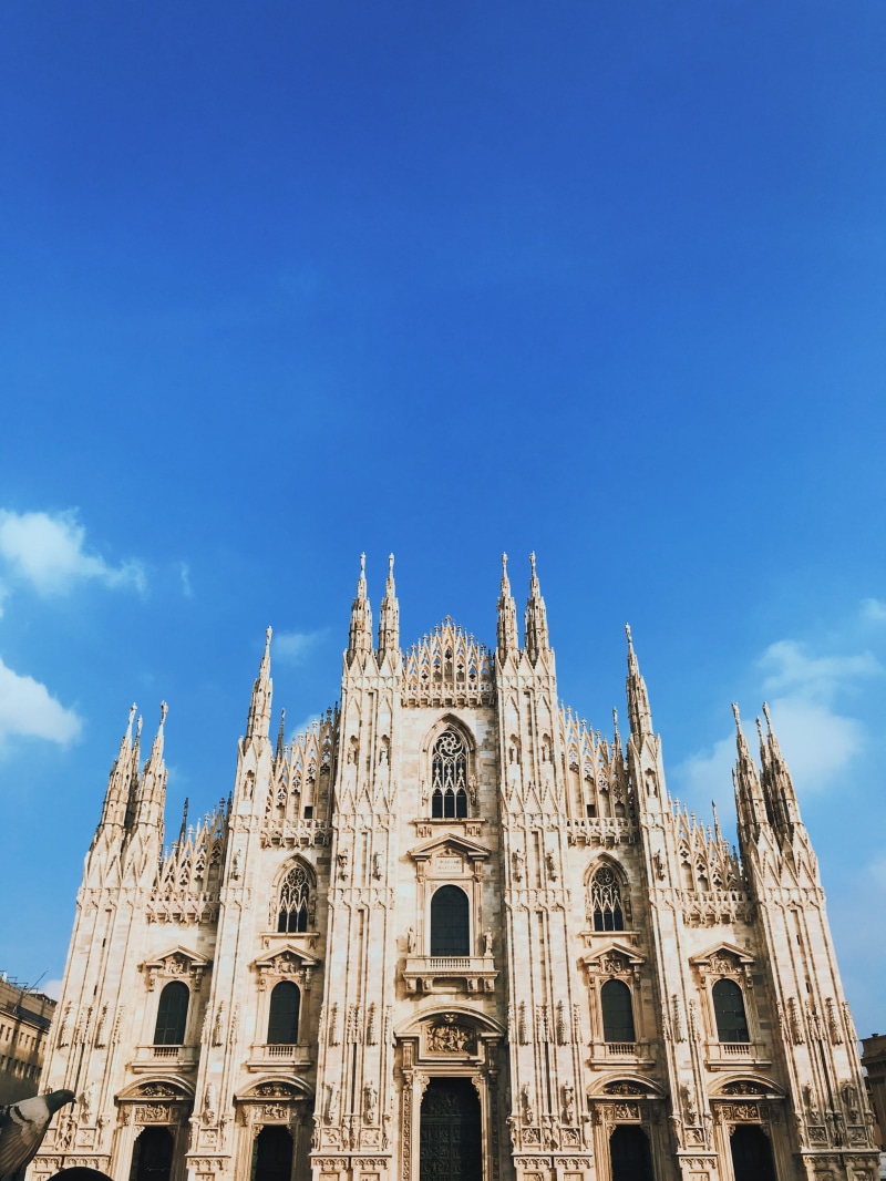 blue, tourism, building, trip, piazza del duomo, spire, blue sky, outdoors, travel, travel destinations, low angle view, cloud - sky, italy, iphone, gothic style