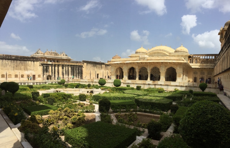 jaipur, outdoors, history, fortress, built structure, amer, tourism, day, travel destinations, ornamental garden, garden path, architecture, old fort, sky