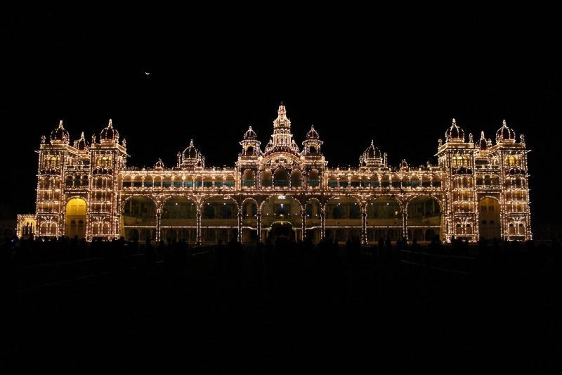 high, India, Amba Vilas Palace, architecture, palace, Henry Irwin, high rise building, night, famous Place, mysore, Wodeyar, Wodeyars, 5K, Mysore Palace