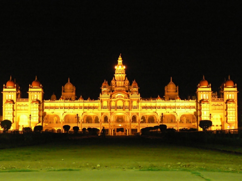 building, landmark, building exterior, 1080P, copy space, mysore palace, the past, india, royalty, night, clear sky, residence, travel, built structure