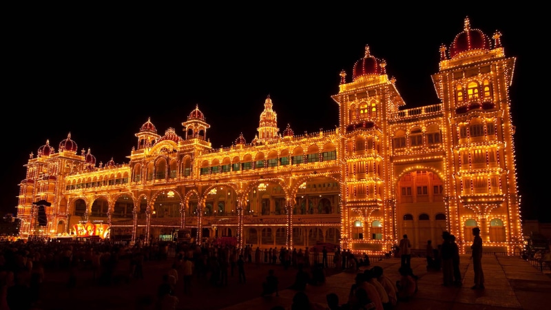 Mysore, India, Palace, festival of dasar, lights, night, Karnataka, 1080P