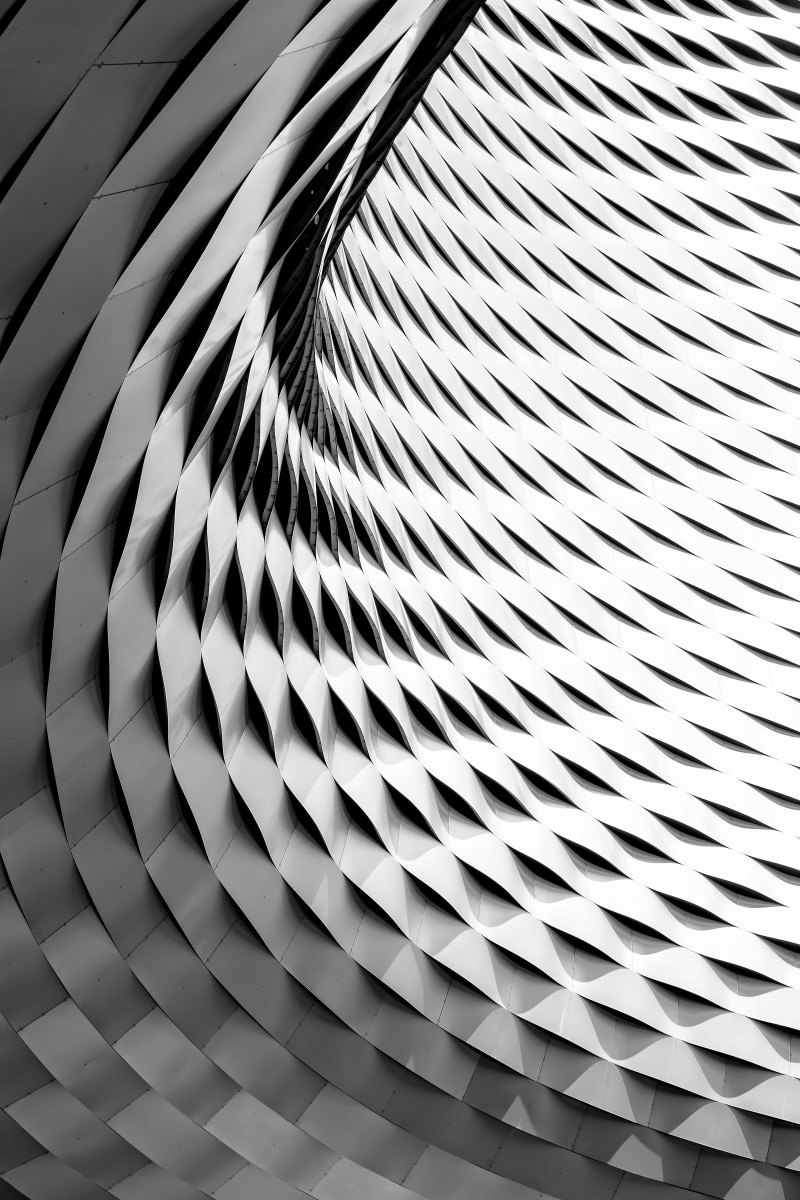 architecture, shiny, curve, abstract, Steel, 5K, building, gray, pattern, angle, design, black And White, backgrounds, photography, striped, curved, facade