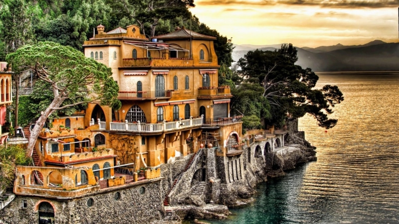 facade, building, sea, italy, tourist attraction, europe, amazing, harbor, port, portofino, beautiful, tree, sky, 4K, hotel, water, coast, tourism, villa